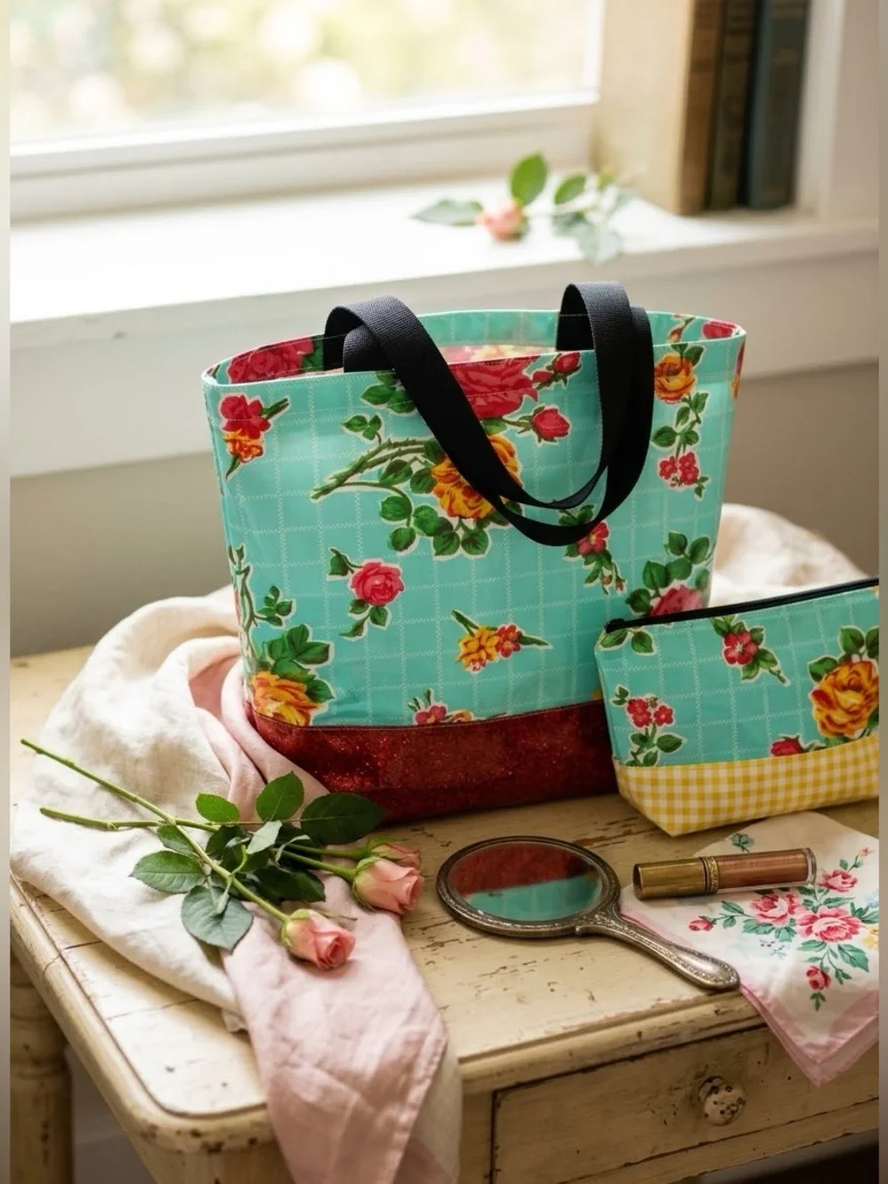 Rosegal Aqua Oilcloth Tote Bag with Cosmetic Bag NWOT